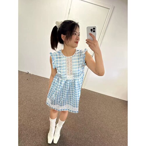 【正确版】SST 蓝色格子蕾丝拼接小飞袖设计感连衣裙