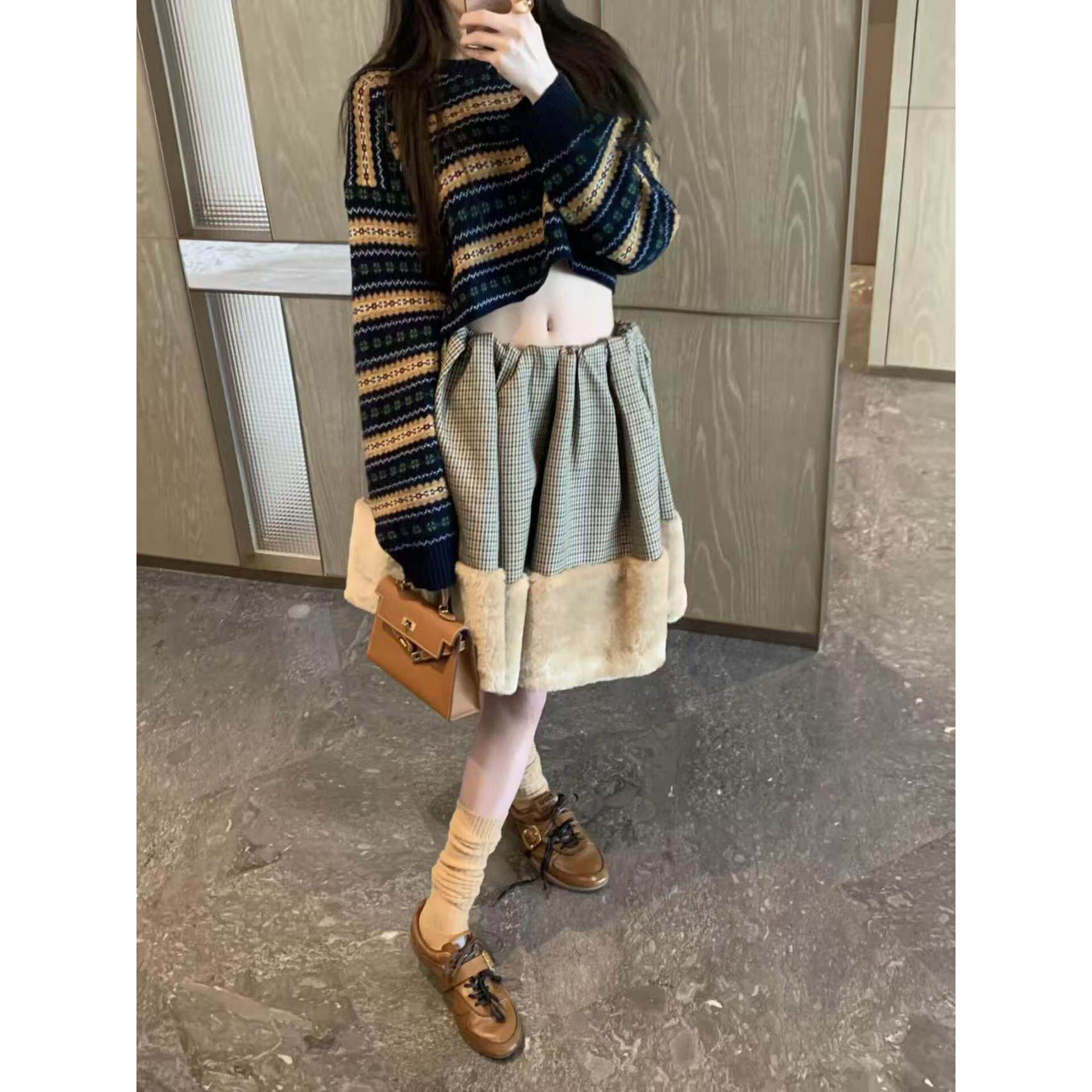 【zui高品质】marchen针织格纹拼接毛呢半身裙时尚撞色褶皱短裙