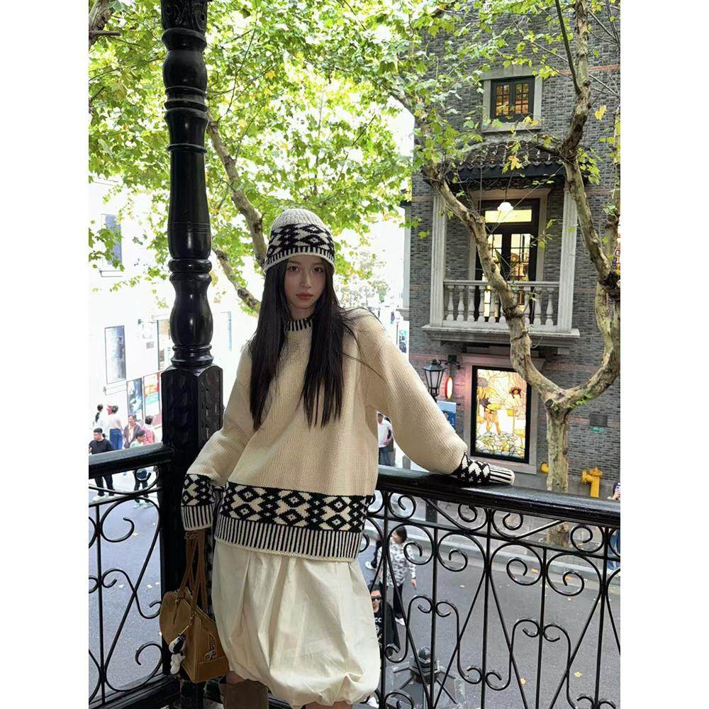 【zui高品质】low撞色菱格羊毛针织衫宽松慵懒加厚休闲套头毛衣女,女装/女士精品,毛衣,淘宝优惠券,粉丝福利购,淘宝优惠卷