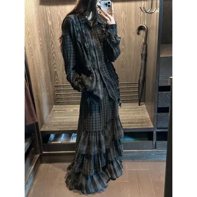 【zui高品质】open出格校规风磨毛衬衫yy褶皱荷叶边格纹长袖上衣