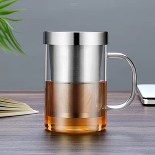 耐熱茶水分離玻璃杯不銹鋼茶漏辦公水杯花茶杯大容量帶蓋帶把杯