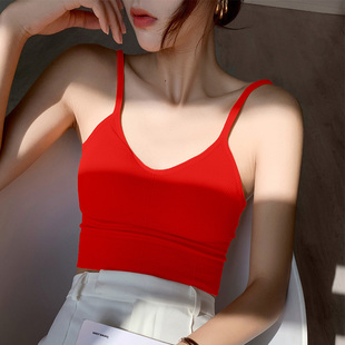 带胸垫针织美背红色吊带背心女本命年抹胸内衣欧美裹胸运动上衣潮