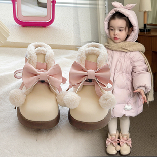 女童雪地靴2025冬季儿童大棉鞋米色短靴卡通毛毛鞋大童保暖二棉鞋