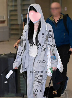 韩系 珠泫jennie同款华夫格印花连帽拉链卫衣长裤套装