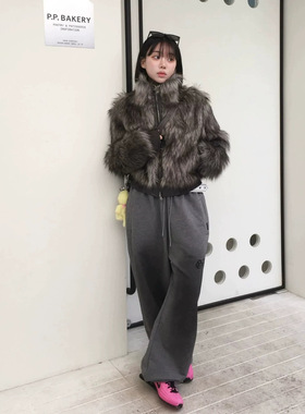 韩系 Jennie同款 街头风字母印花水洗晕染休闲阔腿裤