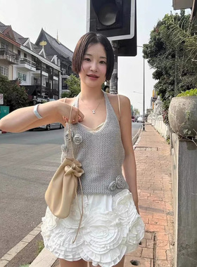 韩系 涩琪同款 甜美立体花朵镂空针织系带挂脖背心