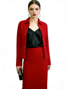 全新吊牌正红色绣花钉珠羊毛商务套装 vintage复古孤品