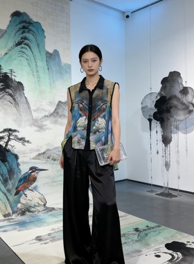 100%桑蚕丝纯真丝油画感花色印花长衬衫高贵女夏季无袖上衣开衫