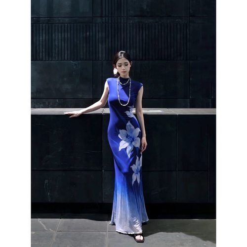 新中式连衣裙女高级感名媛清冷感印花改良旗袍网纱长裙性感包臀裙