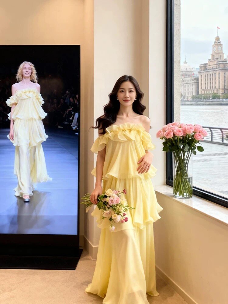 多巴胺风黄色一字肩长裙女气质仙女度假风连衣裙新娘晨袍订婚礼服