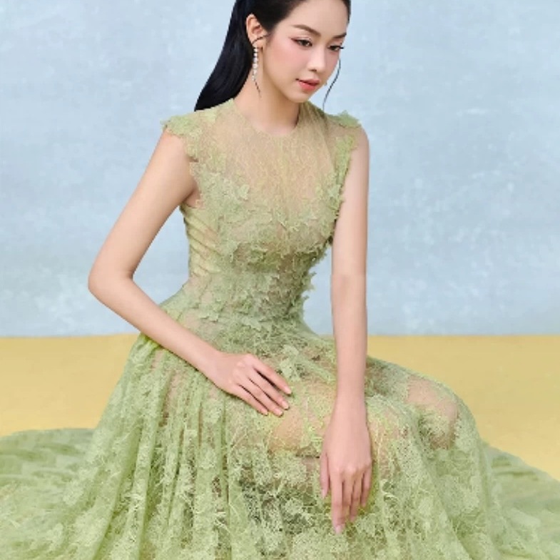 越南小众设计薄荷绿立体花朵蕾丝透视网纱贵气名媛小礼服连衣裙