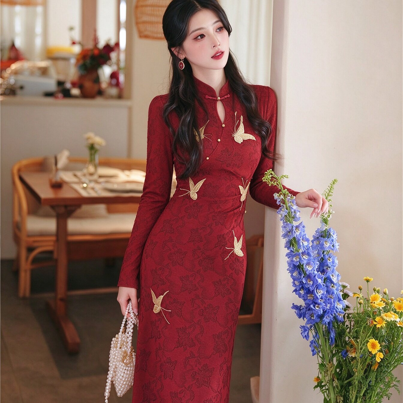 实拍已出货复古刺绣红色旗袍新娘订婚敬酒礼服连衣裙