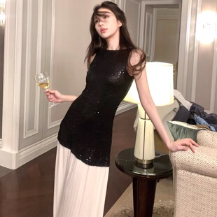 法式轻奢高定月光女神性感露背亮片针织拼接雪纺收腰连衣裙全码女