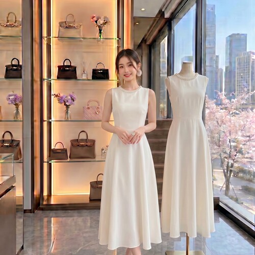 MandyZhang白月光钉珠赫本风白色连衣裙女气质订婚领证小礼服长裙