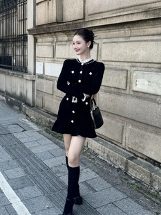 秋冬新款黑色雪尼尔弹力针织富家千金小香连衣裙赫本风高定小黑裙