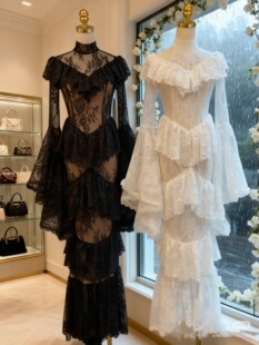 2026早春新品欧美风重工连衣裙生日宴会礼服裙立领刺绣荷叶边长裙