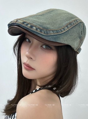 日系水洗做旧牛仔前进帽女春秋季复古百搭贝雷帽大头围显脸小帽子
