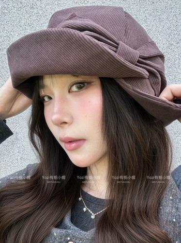 日系复古麂皮绒蝴蝶结渔夫帽女秋冬季百搭显脸小大头围水桶盆帽子