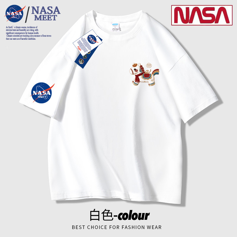 NASA MEET短袖t恤男女同款夏季纯棉运动风宽松型透气圆领薄款印花图片