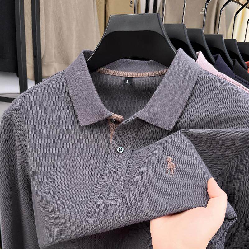男士春秋季新款长袖POLO衫中年爸爸装纯丝光棉翻有带领T恤上衣服