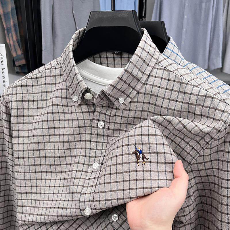 中年男士春秋冬季长袖衬衫上衣服爸爸装纯棉格子磨毛衬衣外穿寸衫