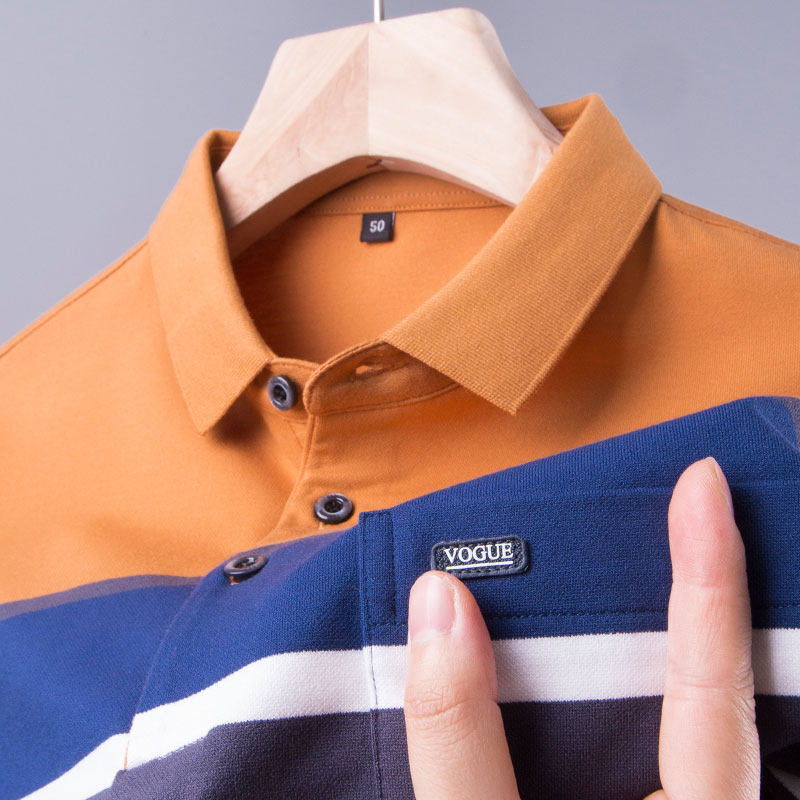 中年爸爸春秋装上衣男士长袖T恤条纹有衬衣领带口袋丅polo衫体桖