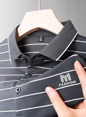 中年男士短袖t恤冰丝plol爸爸夏装丅上衣服polo衫条纹轻奢土poole