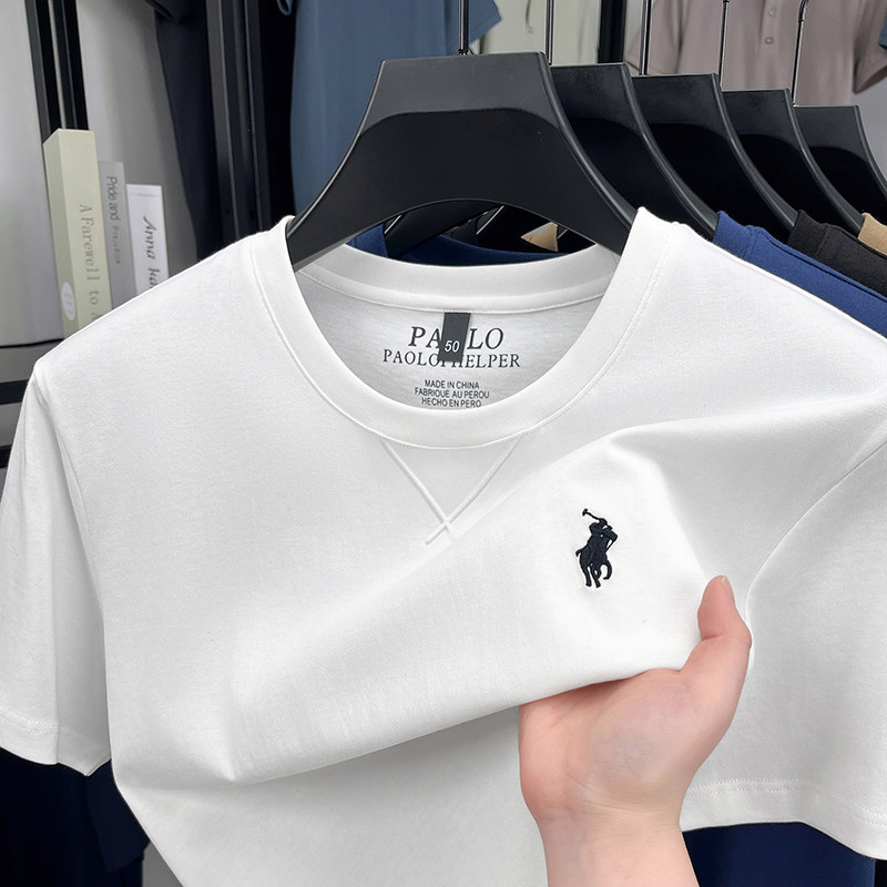 【100%纯棉】男士夏季POLO衫凉感短袖t恤中年爸爸装刺绣圆领上衣