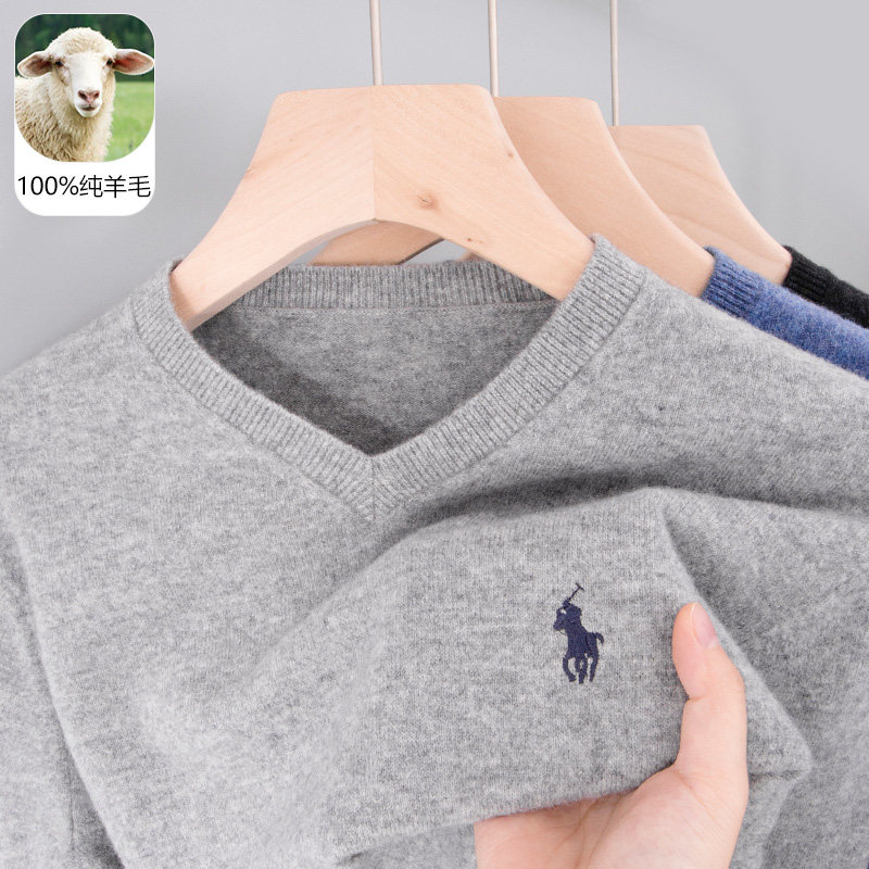 100纯羊毛衫男士鸡心v领秋冬季中年爸爸装保罗低领打底针织衫毛衣