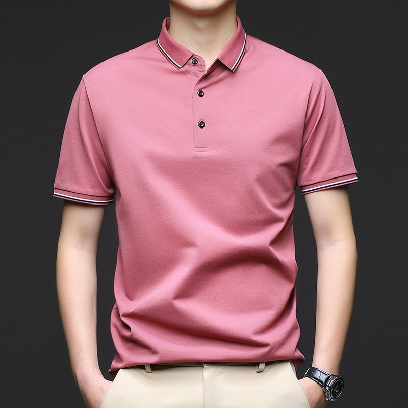 男士丝光棉夏季POLO衫粉色短袖t恤中年爸爸装显年轻翻带领上衣服