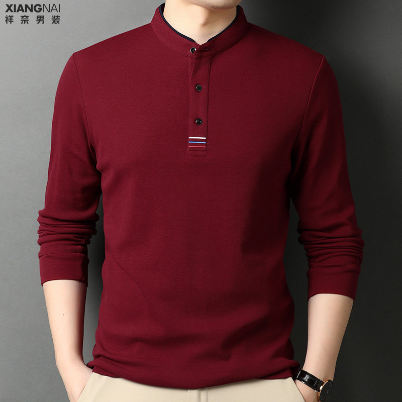 男士长袖t恤立领纯棉加厚爸爸装中年红色本命年2025蛇年上衣服