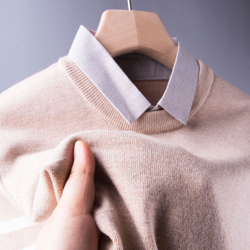 男士加厚毛衣打底针织衫秋冬季上衣爸爸装真假两件套加配衬衫假领