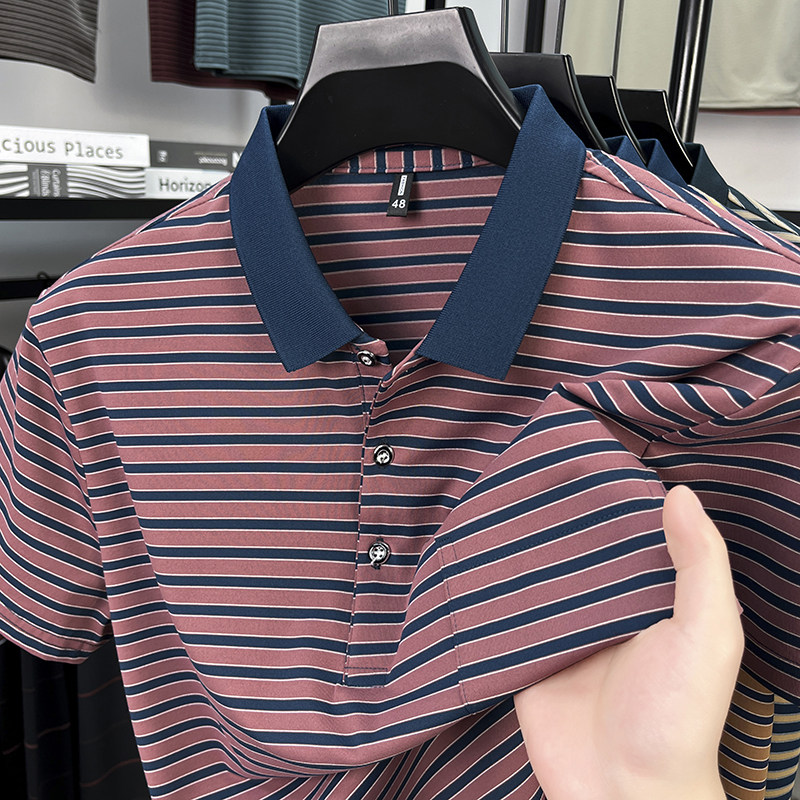 真口袋~男士夏季短袖T恤冰丝polo衫爸爸装条纹翻领长袖凉感上衣服