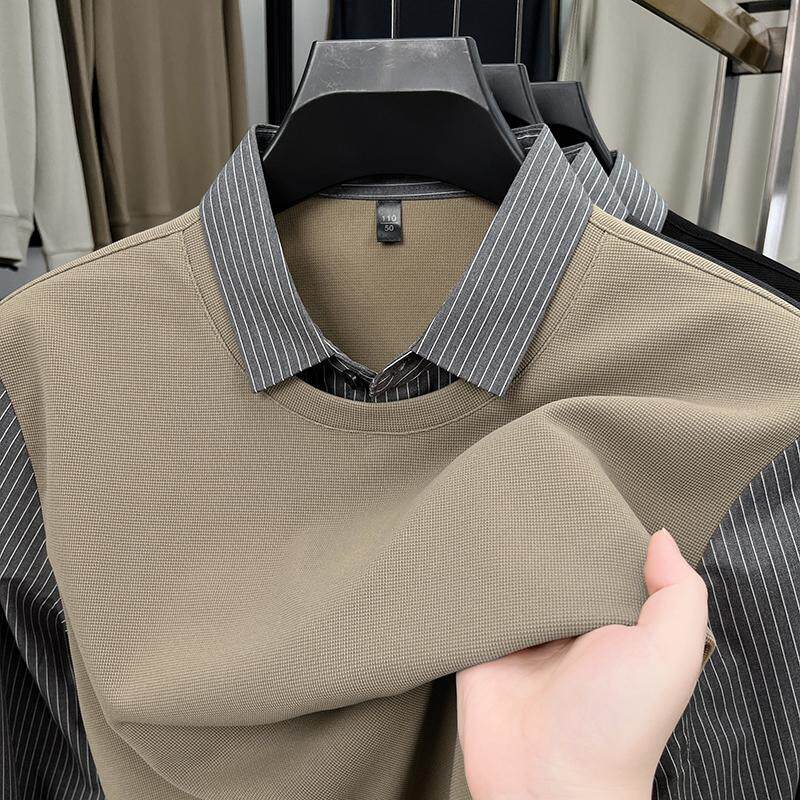 男士毛衣衬衫领针织衫秋冬季上衣中年爸爸装真假两件内衣毛衣体恤