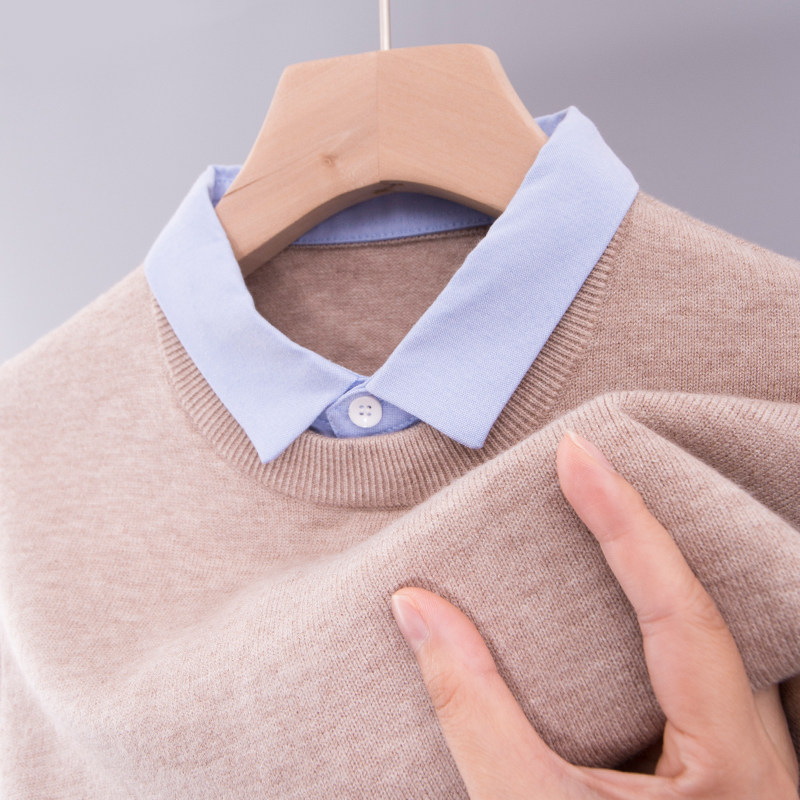 男士毛衣打底针织衫秋冬季中年人爸爸装上衣新款假两件套加配衬衫