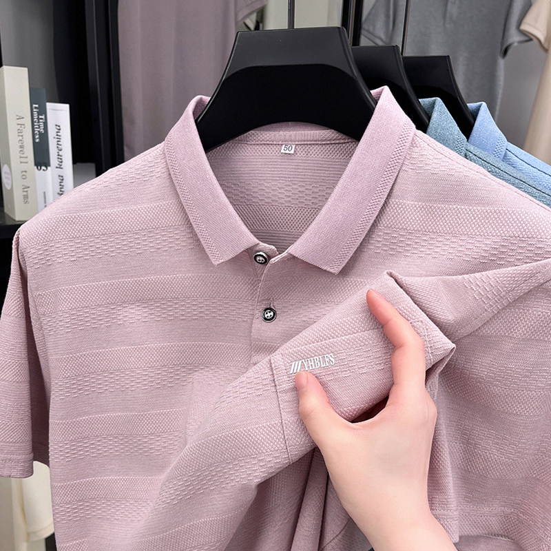男士夏季新款粉色短袖t恤中年爸爸装翻领冰丝显年轻polo衫上衣服