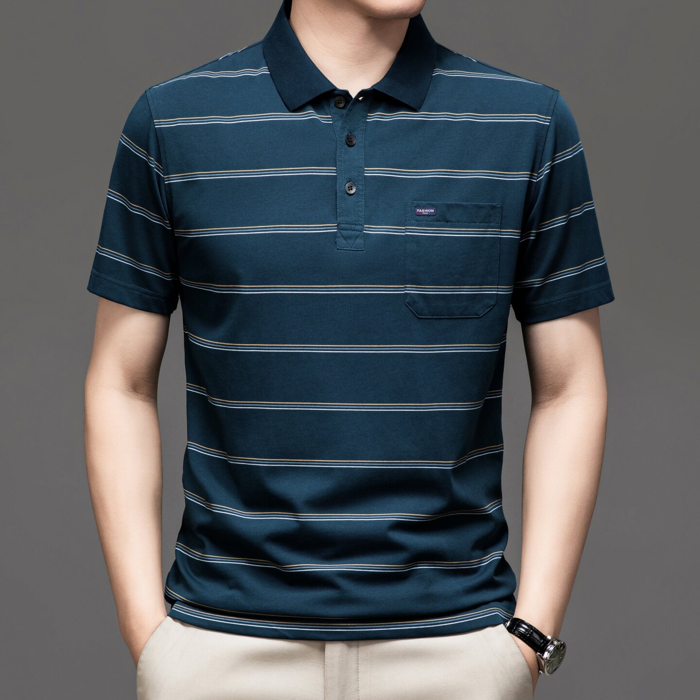 【真口袋】男士条纹短袖T恤有带翻领polo衫中年爸爸夏装冰丝上衣