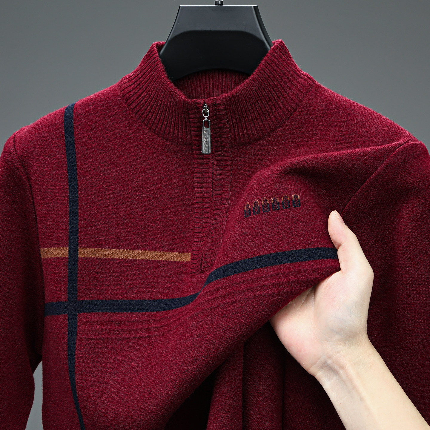 男士秋季半拉链毛衣红色爸爸百搭保暖针织衫中老年休闲上衣