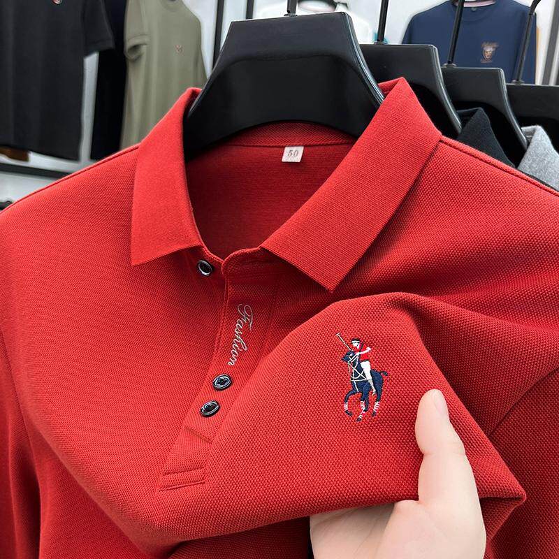 中年男士红色长袖T恤春秋季新款爸爸装翻领纯棉本命年polo衫上衣