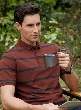 男士2024新款条纹短袖T恤POLO衫中年爸爸夏季上衣服休闲半袖popi