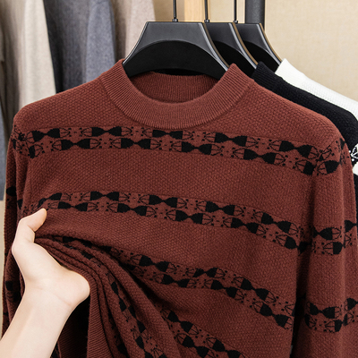 冬季男士半高领条纹羊毛衫加厚保暖打底针织衫毛衣休闲青少年潮流