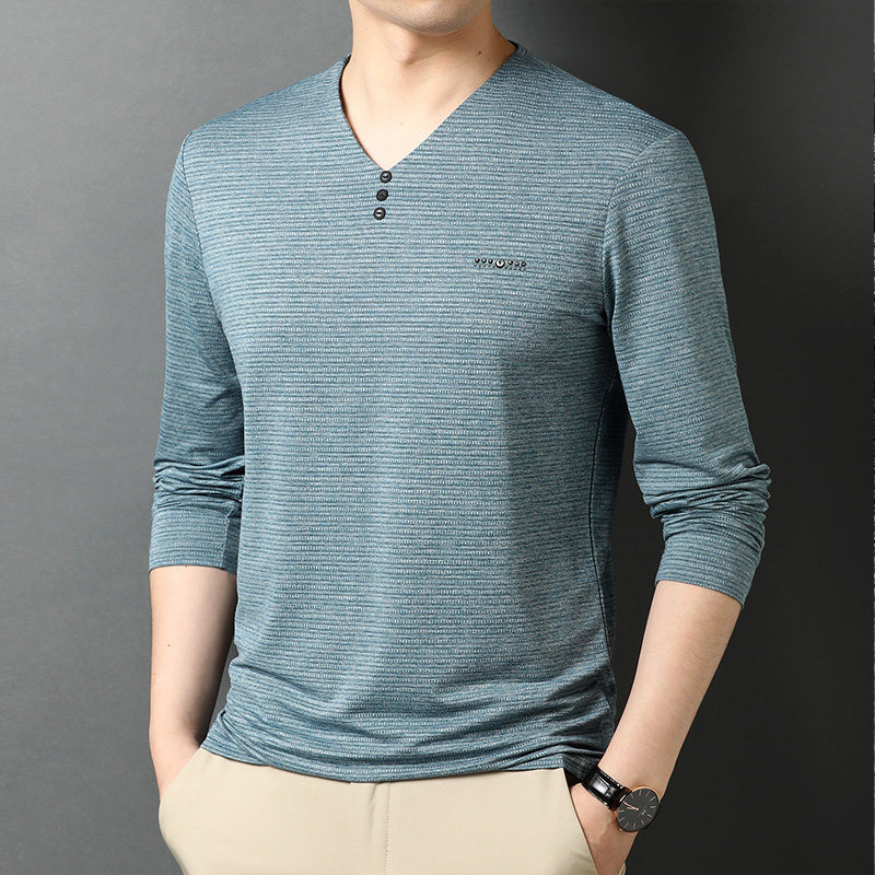 新款春夏季v鸡心领冰丝长袖t恤薄款中年爸爸男装40岁男士上衣服