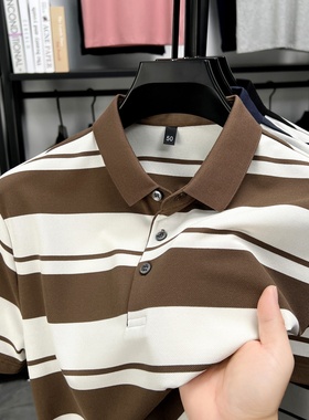 男士POLO衫短袖t恤p0lo中年爸爸夏装撞色条纹冰丝plol上衣服poole