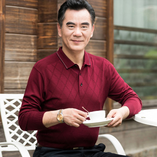 中年爸爸装 T恤春秋季 父亲红色上衣服喜公公婚宴结婚礼服 长袖 男士
