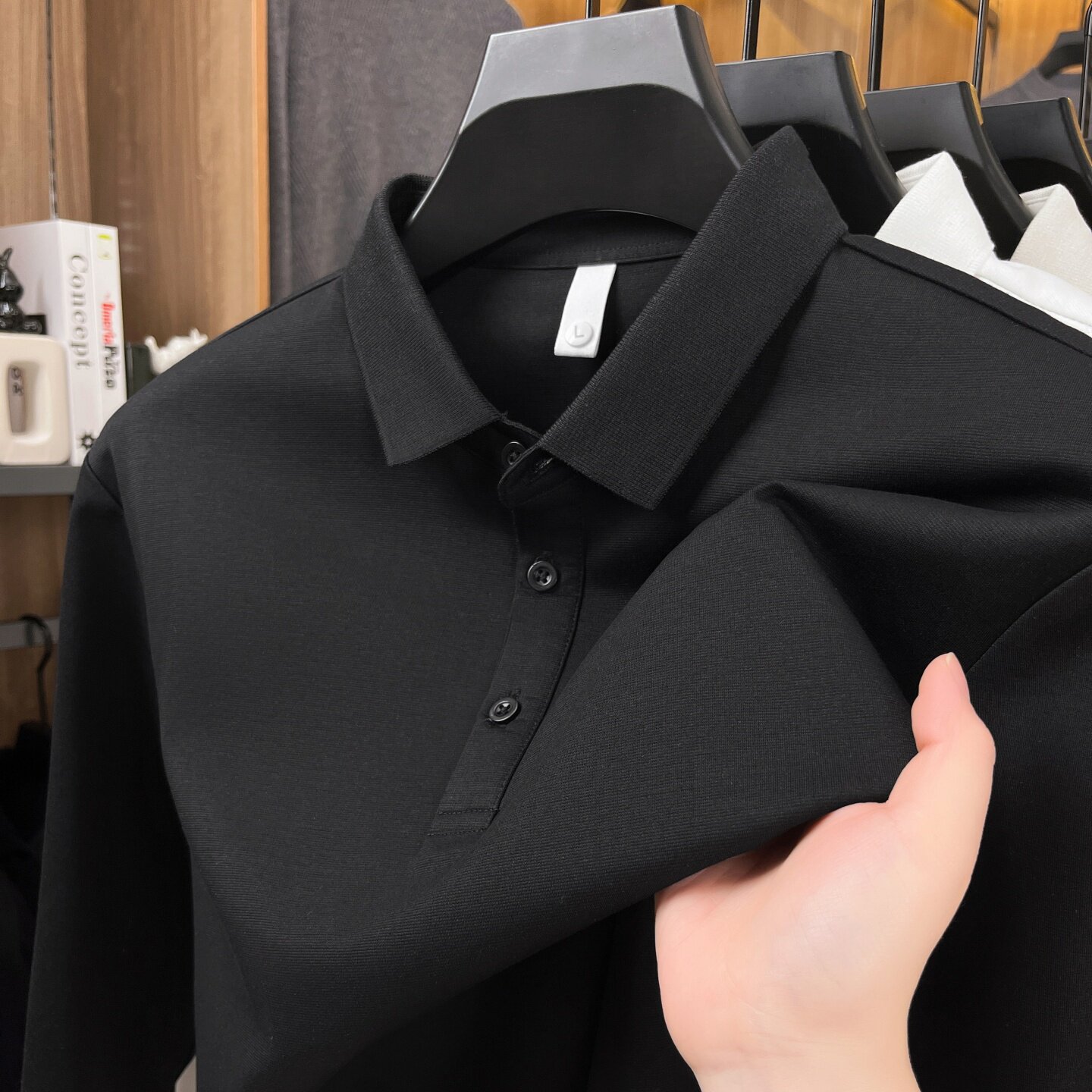 春季新款棉长袖翻领POLO衫男黑色商务休闲百搭T恤打底衫男士
