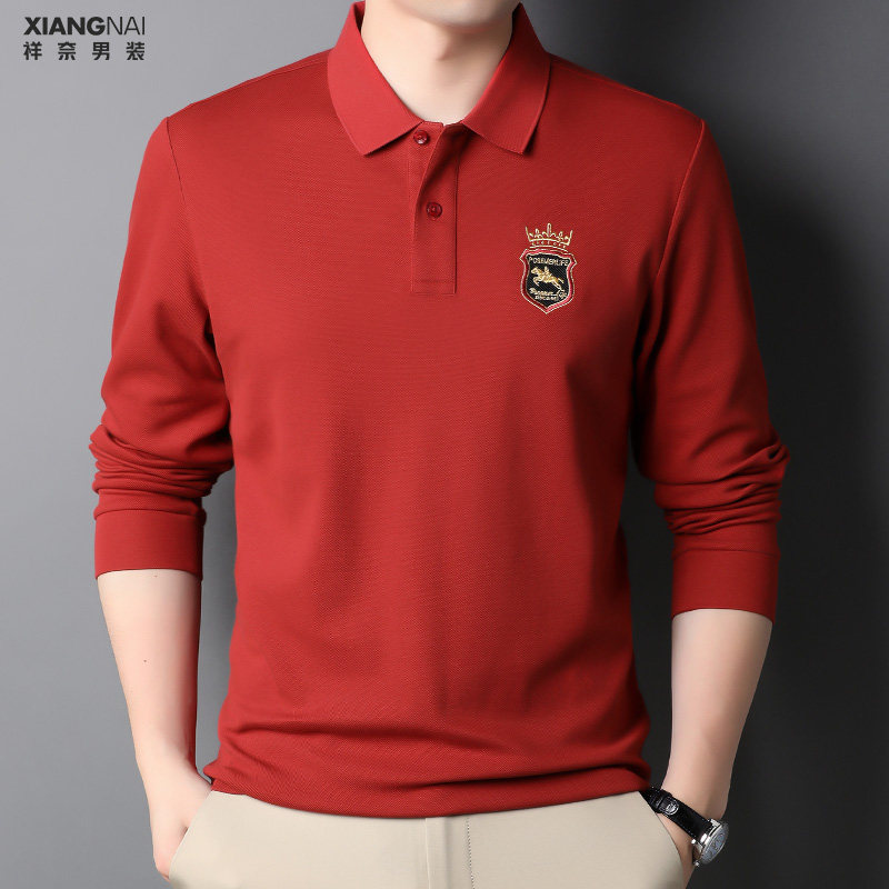 保罗polo衫长袖t恤春秋冬季中年爸爸装男士红色本命年兔年上衣服