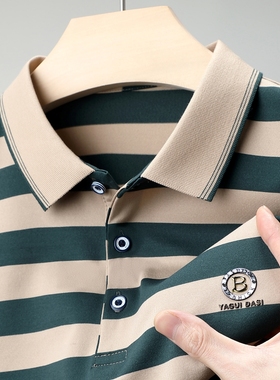 男士短袖T恤冰丝宽松条纹POLO衫中年爸爸夏装poli体plol上衣服