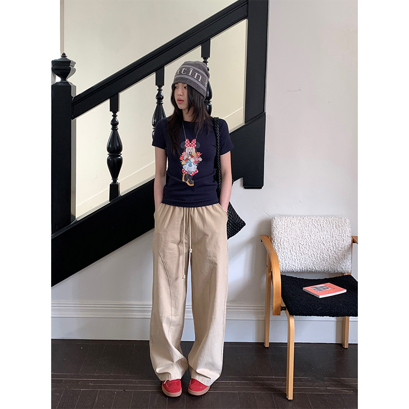 春季新款浅卡其色阔脚裤休闲裤女高腰阔腿裤长裤宽松工装抽绳裤子