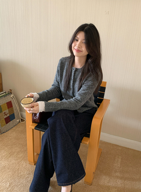 韩系新款简约软糯百搭休闲绿色打底毛衣复古圆领日杂针织开衫外套