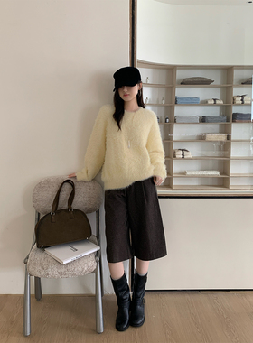 韩系极简风气质宽松圆领套头毛毛针织衫上衣女秋冬仿貂毛软糯毛衣